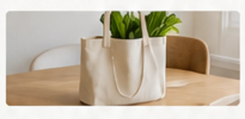 A reusable shopping bag on a dining table