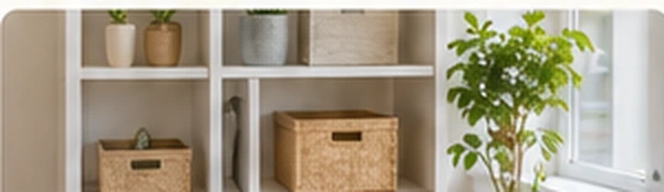 An organized shelving unit with baskets and plants